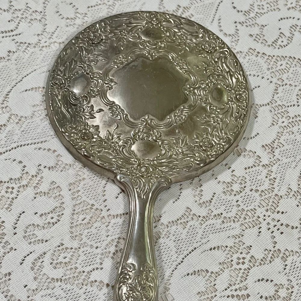 Vintage Victorian Vanity Mirror Silver Tone Handheld Mirror Art Deco